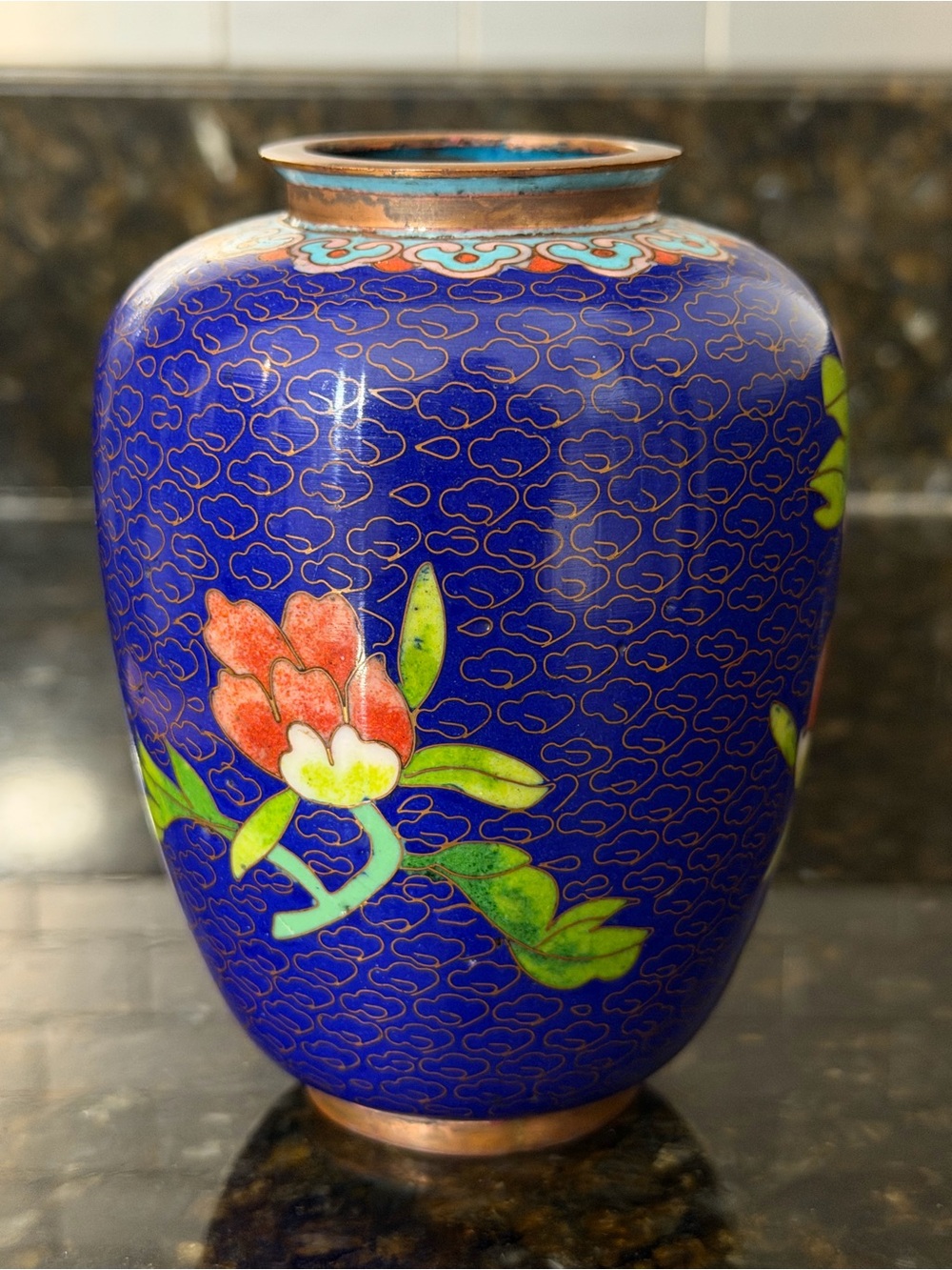Vintage Chinese Cloisonné Petite Vase | Cobalt Blue Floral Peony 4.5” - Picture 5 of 8